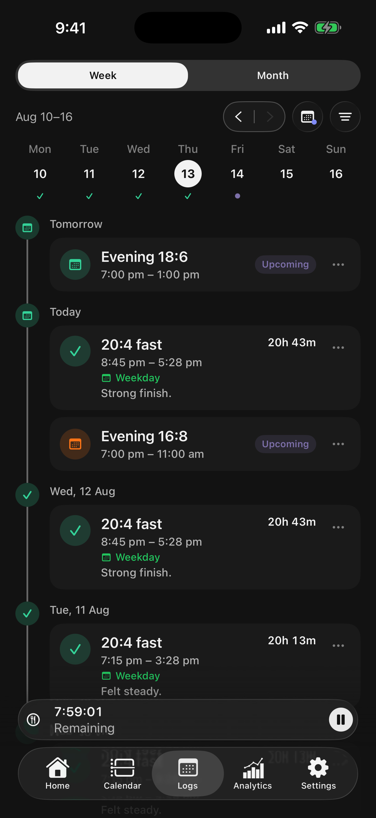 Fasting logs timeline with completed and upcoming fasts