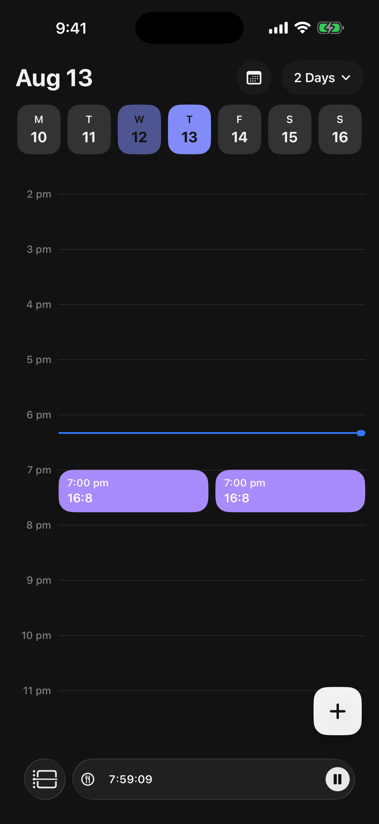 Day schedule timeline with planned 16:8 fast